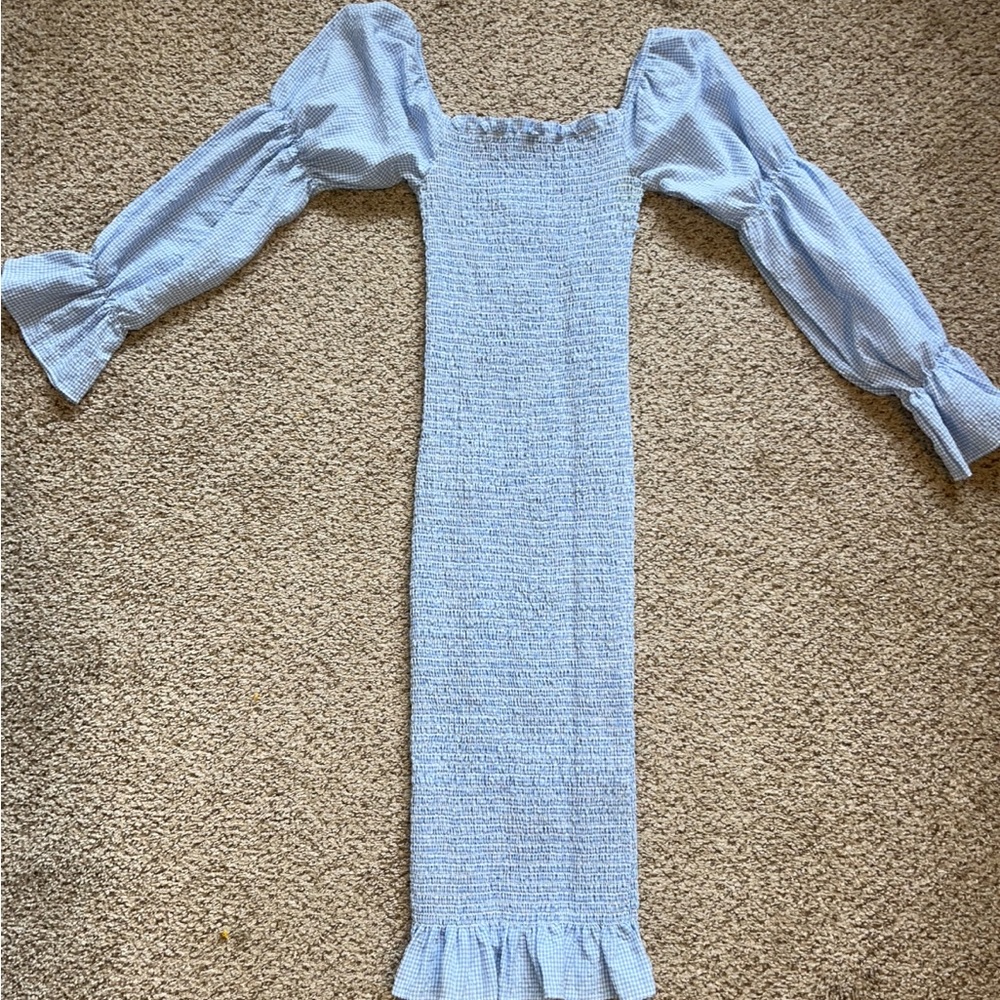 Blue Smocked Long Sleeve Dress